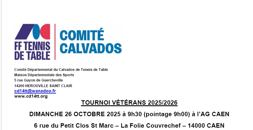 Tournoi Vétérans le 26 octobre AG Caen