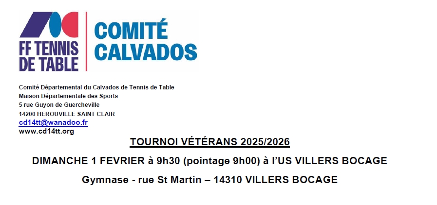 Tournoi Vétérans le 1 février à Villers Bocage